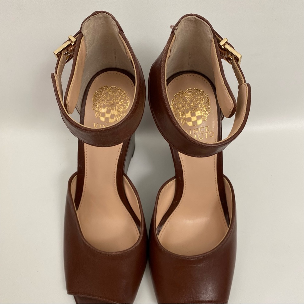 Vince Camuto Peep Toe Wedge Ankle Strap Size 7 Brown Heeled Sandals Women’s - Picture 7 of 14